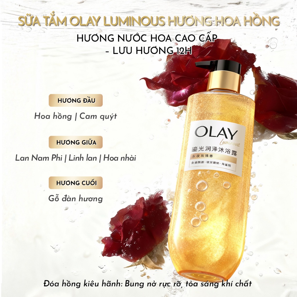 [MỚI] Sữa tắm Sáng Da Olay Luminous Hương Nước Hoa Cao Cấp: Hoa Hồng Dưỡng Ẩm & Trái Vải Mịn Da Chai 350G