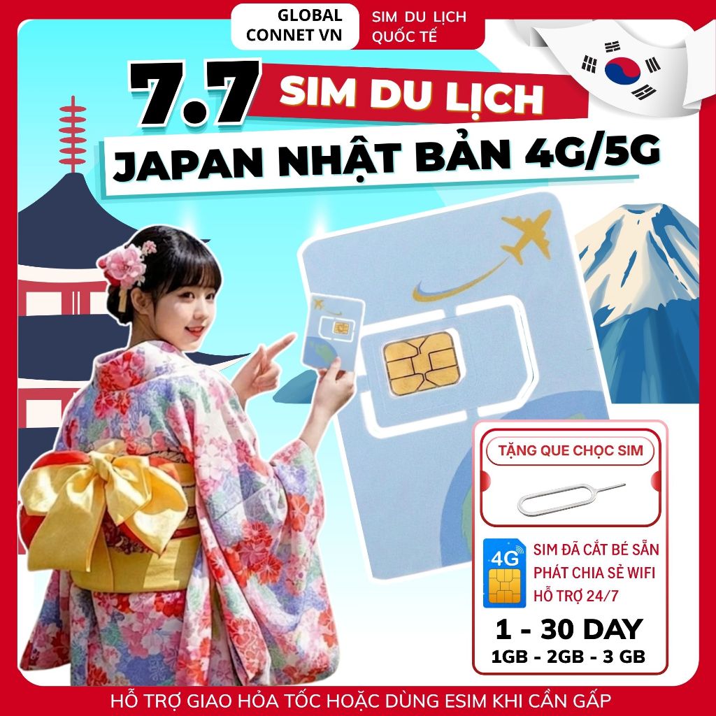 Sim Du Lịch NHẬT BẢN [1 - 30 Ngày] 4G/ 5G Tốc Độ Cao Và Ổn Định - Tặng Kèm Cây Chọc Sim"
