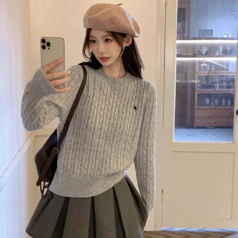 【dynamar】Áo Len Nữ Dệt Kim, Áo Sweater Dệt Kim Vặn Xoắn, Áo Len Cổ Tròn Tay Dài Màu Trơn Hàng Loại