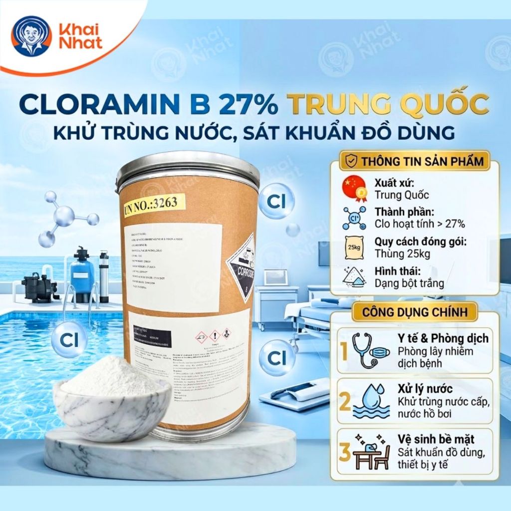 Cloramin B 27% Trung Quốc, Bột Chloramin B khử trùng nước, sát khuẩn đồ dùng (Thùng 25Kg)