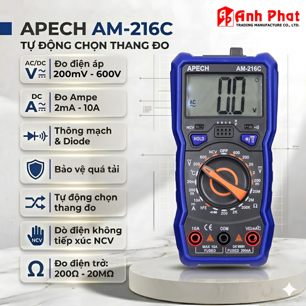 Đồng hồ vạn năng TỰ ĐỘNG ĐO APECH AM216C - Anh Phát