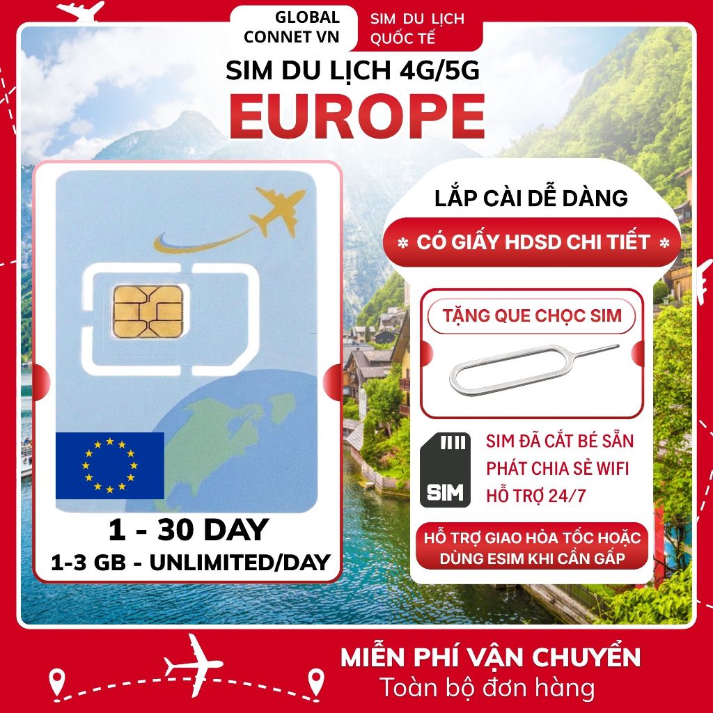 Sim Du lịch CHÂU ÂU 35 QUỐC GIA [1 - 30 Ngày] 4G/ 5G Tốc Độ Cao Và Ổn Định - Tặng Kèm Cây Chọc Sim
