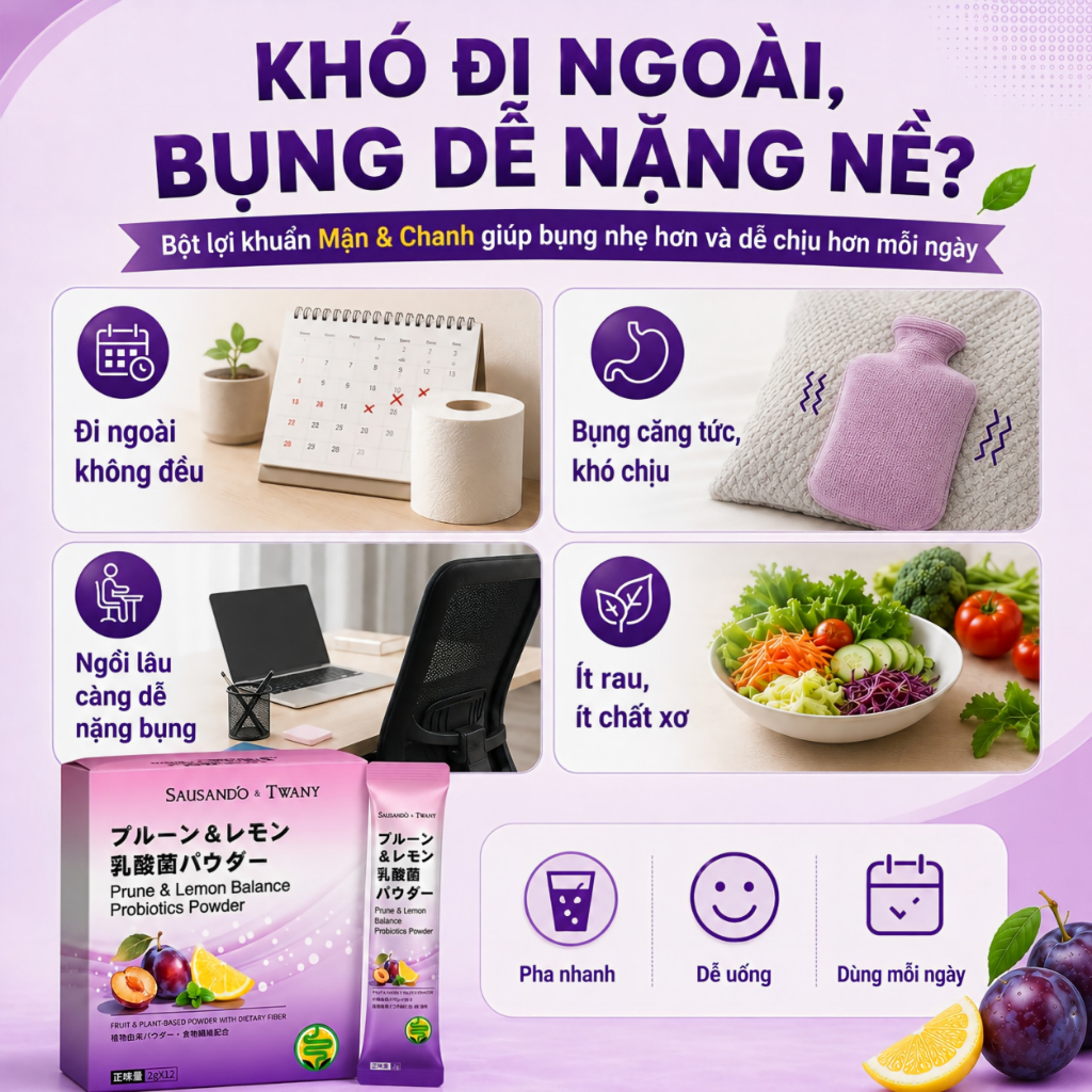 Bột lợi khuẩn Mận Chanh men vi sinh hỗ trợ táo bón, đi ngoài đều, sạch ruột nhẹ bụng