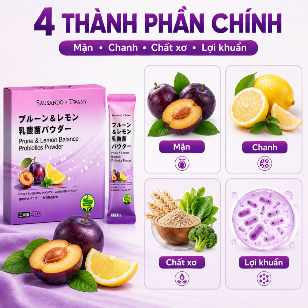 Bột lợi khuẩn Mận Chanh men vi sinh hỗ trợ táo bón, đi ngoài đều, sạch ruột nhẹ bụng