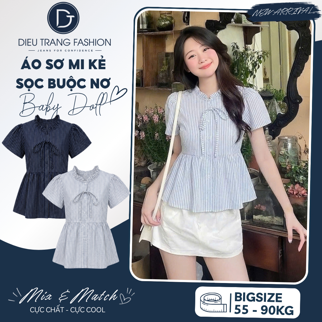 Áo Sơ Mi Nữ Kẻ Sọc Baby Doll Thắt Nơ Cổ Bèo Nhún Tôn Dáng Big Size 55-90Kg AT9119 Diệu Trang Fashion