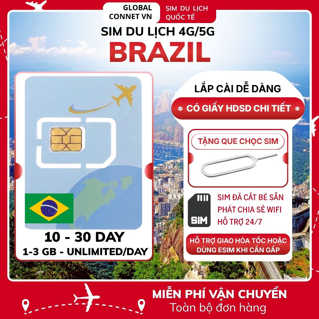 Sim Du Lịch BRAZIL [10 - 30 Ngày] 4G/ 5G Tốc Độ Cao Và Ổn Định - Tặng Kèm Cây Chọc Sim