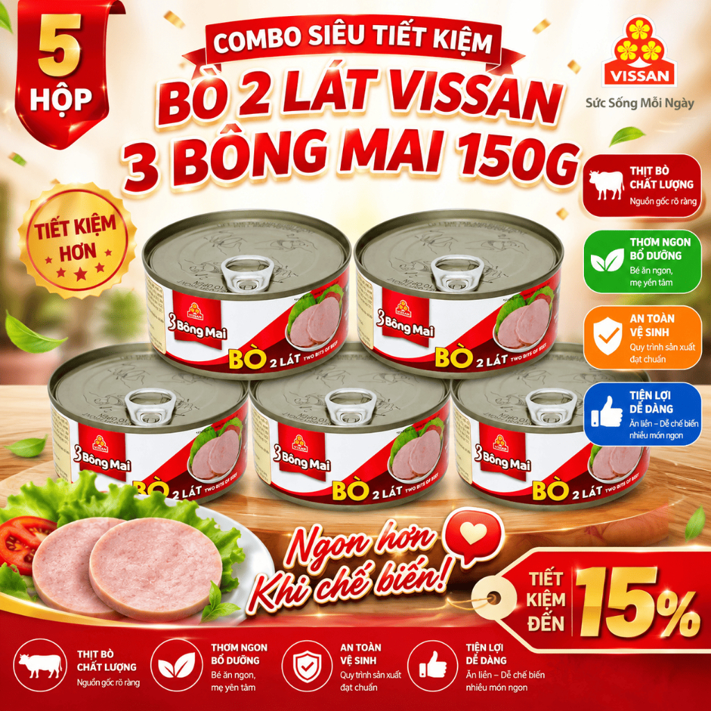 [Combo 5 Hộp] Bò 2 Lát 3 Bông Mai Vissan – Date 2028, HSD 36 Tháng, Ăn Liền Tiện Lợi