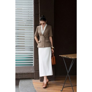 Áo Blazer Nữ EMMA Mango Kẻ Kèm Vạt Trắng Thiết Kế Charllot Áo Vest Chiết Eo Tôn Dáng Tay Lỡ
