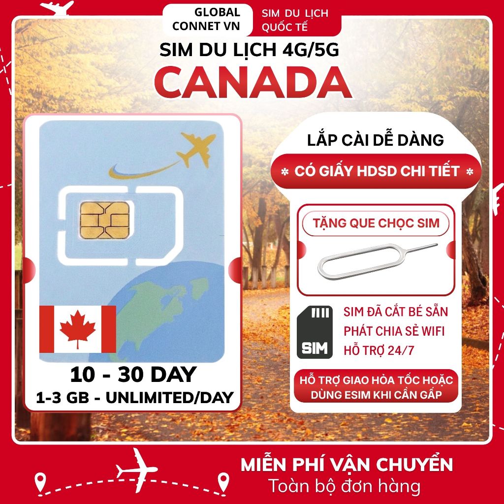 Sim Du Lịch CANADA [10 - 30 Ngày] 4G/ 5G Tốc Độ Cao Và Ổn Định - Tặng Kèm Cây Chọc Sim