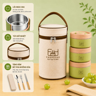 Hộp cơm giữ nhiệt 3 tầng Lunch Box 1500ml hộp đựng cơm inox 304 Fan House tặng bộ đũa thìa
