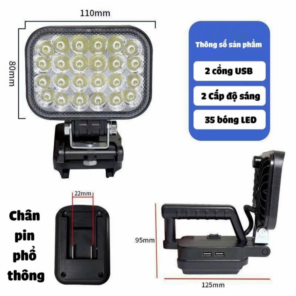 Đèn LED Siêu Sáng Sử Dụng Pin Makita 35 - 55 LED Với 2 Chế Độ Sáng, Có Cổng Sạc Điện Thoại USB 2026