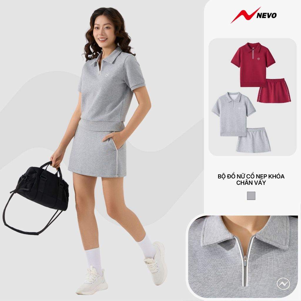 Set Đồ Nỉ Thu Đông Thể Thao Nữ NEVO Áo Cổ Nẹp Khóa Chân Váy Co Giãn Pickleball Tennis Golf WBST26S001