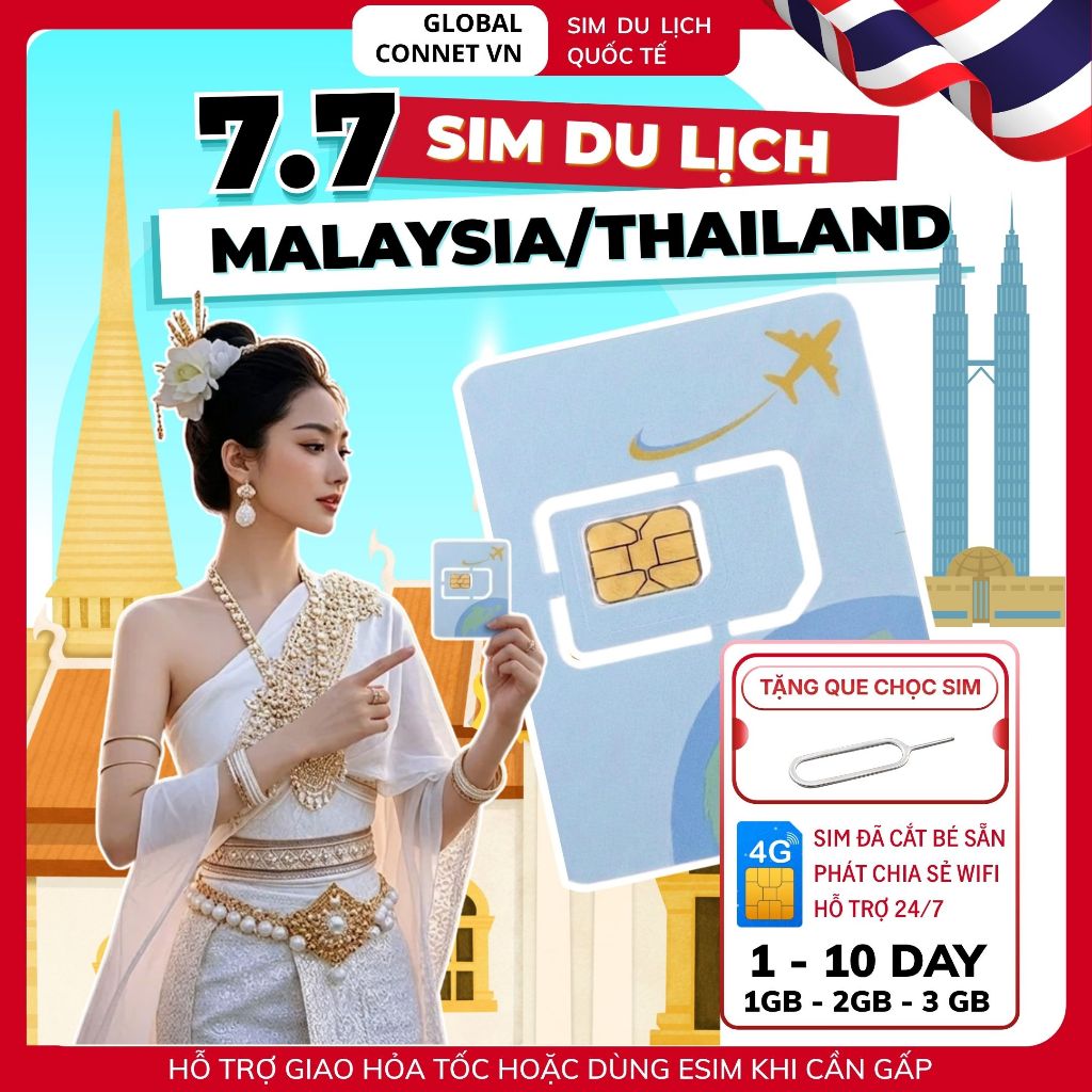 Sim Du Lịch MALAYSIA - THÁI LAN [1 -  10 Ngày] 4G/ 5G Tốc Độ Cao Và Ổn Định - Tặng Kèm Cây Chọc Sim
