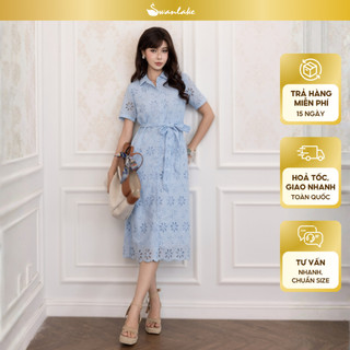 SWANLAKE | Váy Đầm Sơ Mi Nữ Suông Vải Cotton Ren Thêu Đục Lỗ Tay Ngắn Dây Thắt Eo Công Sở D13483