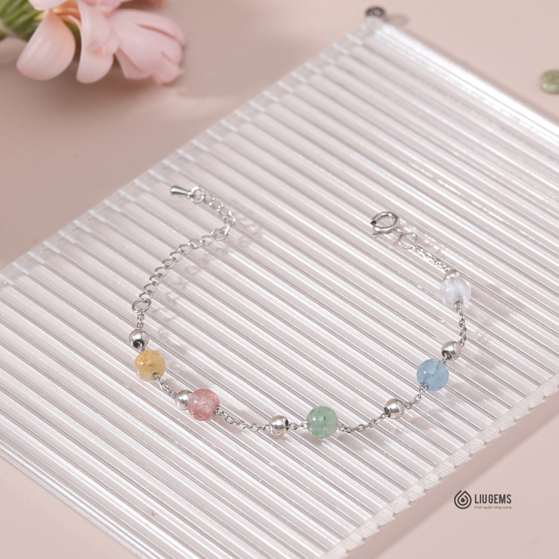 Vòng Tay Thép Phong Thủy Ngũ Hành Liugems - Mix 5 Màu Đá Năng Lượng Từ Tự Nhiên Thu Hút Tài Lộc, Bình An, VT15