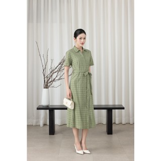 SWANLAKE | Váy Đầm Sơ Mi Nữ Suông Vải Cotton Ren Thêu Đục Lỗ Tay Ngắn Dây Thắt Eo Công Sở D13483