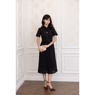 SWANLAKE | Váy Đầm Sơ Mi Nữ Suông Vải Cotton Ren Thêu Đục Lỗ Tay Ngắn Dây Thắt Eo Công Sở D13483