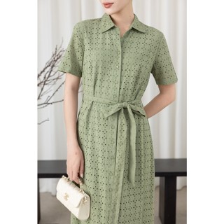 SWANLAKE | Váy Đầm Sơ Mi Nữ Suông Vải Cotton Ren Thêu Đục Lỗ Tay Ngắn Dây Thắt Eo Công Sở D13483