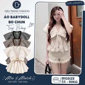 Áo Babydoll Nữ Caro Tay Bồng Nơ Ngực Chiết Eo Tôn Dáng Big Size 55-90Kg AT9128 Diệu Trang Fashion