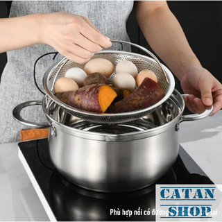 Khay Hấp Đồ Ăn Inox 3 Chân Có Tay Cầm Hai Quai Chống Nóng, Rổ Hấp Thực Phẩm 2 Trong 1 Kèm Đế Lót Rời