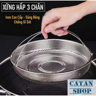 Khay Hấp Đồ Ăn Inox 3 Chân Có Tay Cầm Hai Quai Chống Nóng, Rổ Hấp Thực Phẩm 2 Trong 1 Kèm Đế Lót Rời