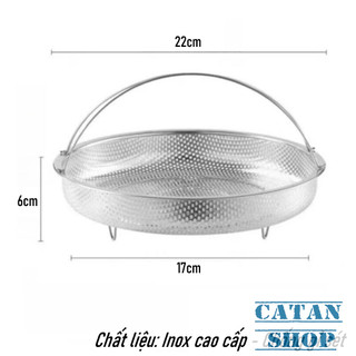 Khay Hấp Đồ Ăn Inox 3 Chân Có Tay Cầm Hai Quai Chống Nóng, Rổ Hấp Thực Phẩm 2 Trong 1 Kèm Đế Lót Rời