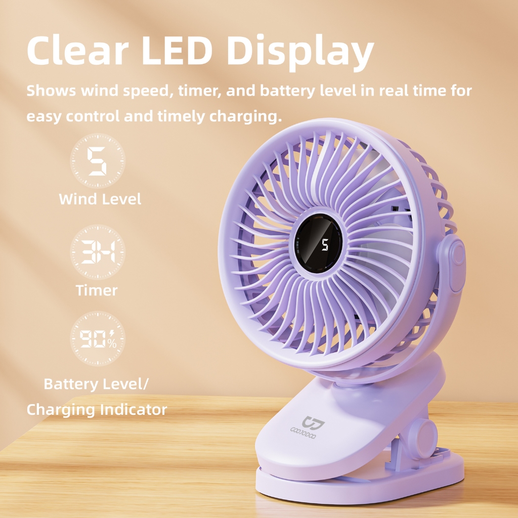Quạt mini USB Goojodoq 3600MAh Kẹp Di Động Màn Hình LED Quạt Di Động 5 tốc độ Bảo Hành Chính Hãng