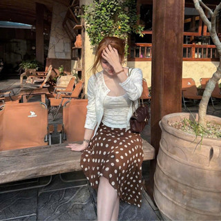 EMLY - Chân Váy Voan Chấm Bi Vạt Chéo Vintage Nữ, Váy Voan Chấm Bi Nâu Dáng Xòe Hàn Quốc