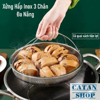 Khay Hấp Đồ Ăn Inox 3 Chân Có Tay Cầm Hai Quai Chống Nóng, Rổ Hấp Thực Phẩm 2 Trong 1 Kèm Đế Lót Rời
