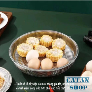 Khay Hấp Đồ Ăn Inox 3 Chân Có Tay Cầm Hai Quai Chống Nóng, Rổ Hấp Thực Phẩm 2 Trong 1 Kèm Đế Lót Rời