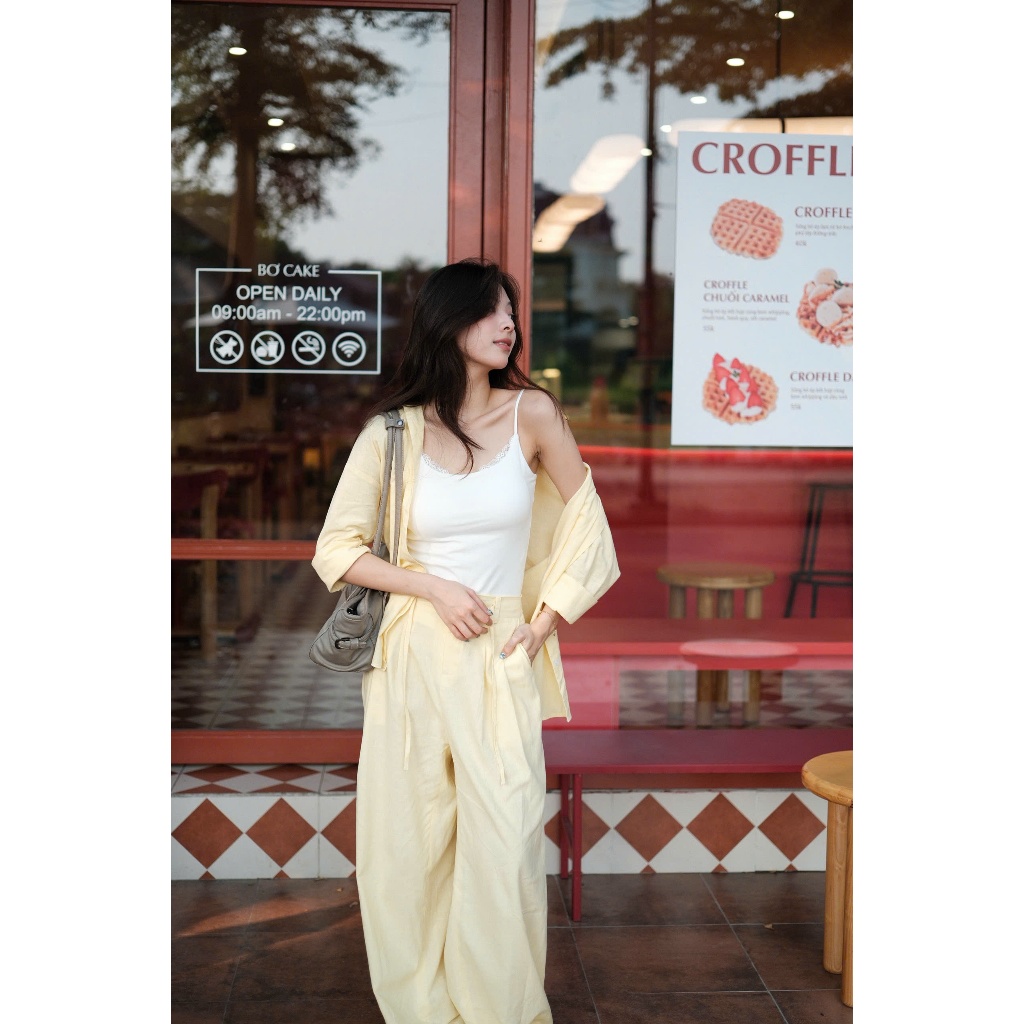 Set Linen Nữ Cao Cấp 2 Món Áo Khoác Mỏng Quần Suông Form rộng Phong Cách Hàn Quốc Thanh Lịch -🤎 Set linen nữ gồm áo khoá