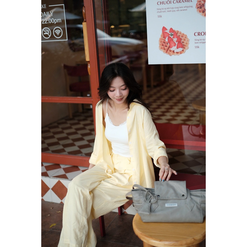 Set Linen Nữ Cao Cấp 2 Món Áo Khoác Mỏng Quần Suông Form rộng Phong Cách Hàn Quốc Thanh Lịch -🤎 Set linen nữ gồm áo khoá
