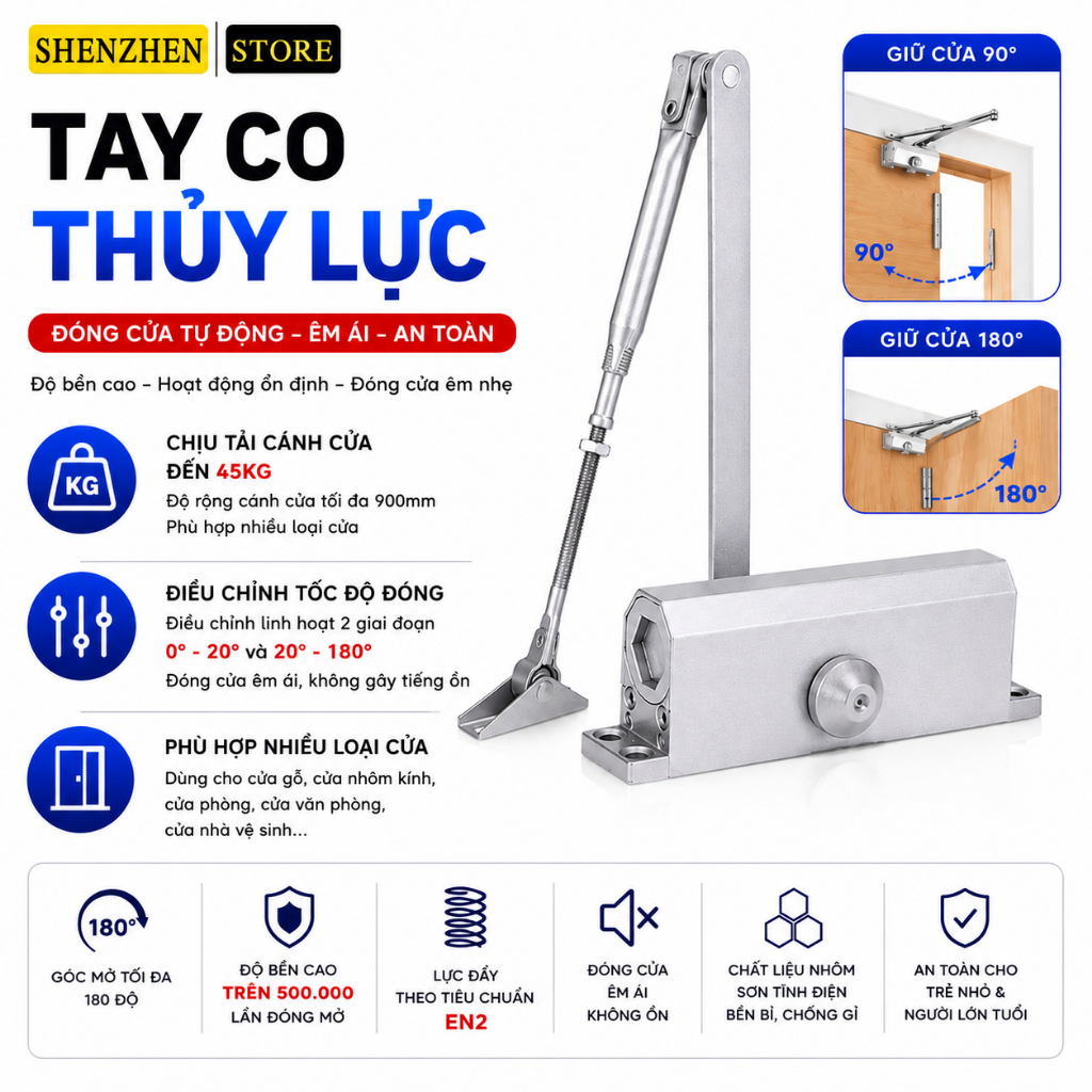 Tay co thuỷ lực dừng 90 / 180 độ đóng cửa tự động  ( cùi chỏ cửa)