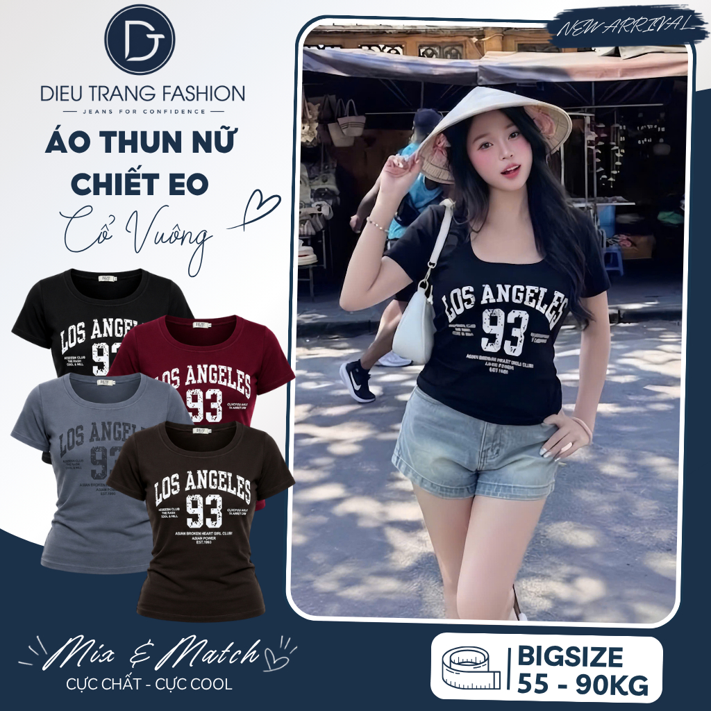 Áo Thun Nữ Chiết Eo Cổ Vuông In Chữ Chất Cotton Borip Form Ôm Big Size 55-90Kg AT9131 Diệu Trang