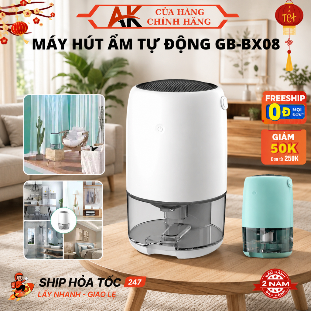 Máy Hút Ẩm Không Khí Ngắt Tự Động 1.1 lít GB-BX08 Có Led 7 Màu, Chế Độ Đèn Sáng Khi Đầy Nước