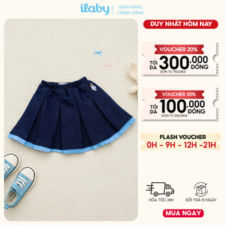 Chân váy denim bé gái ILABY HCM dáng xòe xếp ly, phối viền xanh, thêu gấu dễ thương [3935]