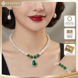 N971 bộ vòng cổ ngọc 3 món mặt đá xanh đỏ , dây chuyền ngọc nhân tạo khoá , chuỗi hạt ngọc