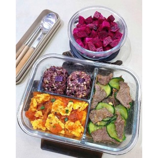 Hộp Cơm Thủy Tinh 3 Ngăn 1040ml Home Max, Đựng Thực Phẩm Tiện Lợi, Dùng Hàng Ngày