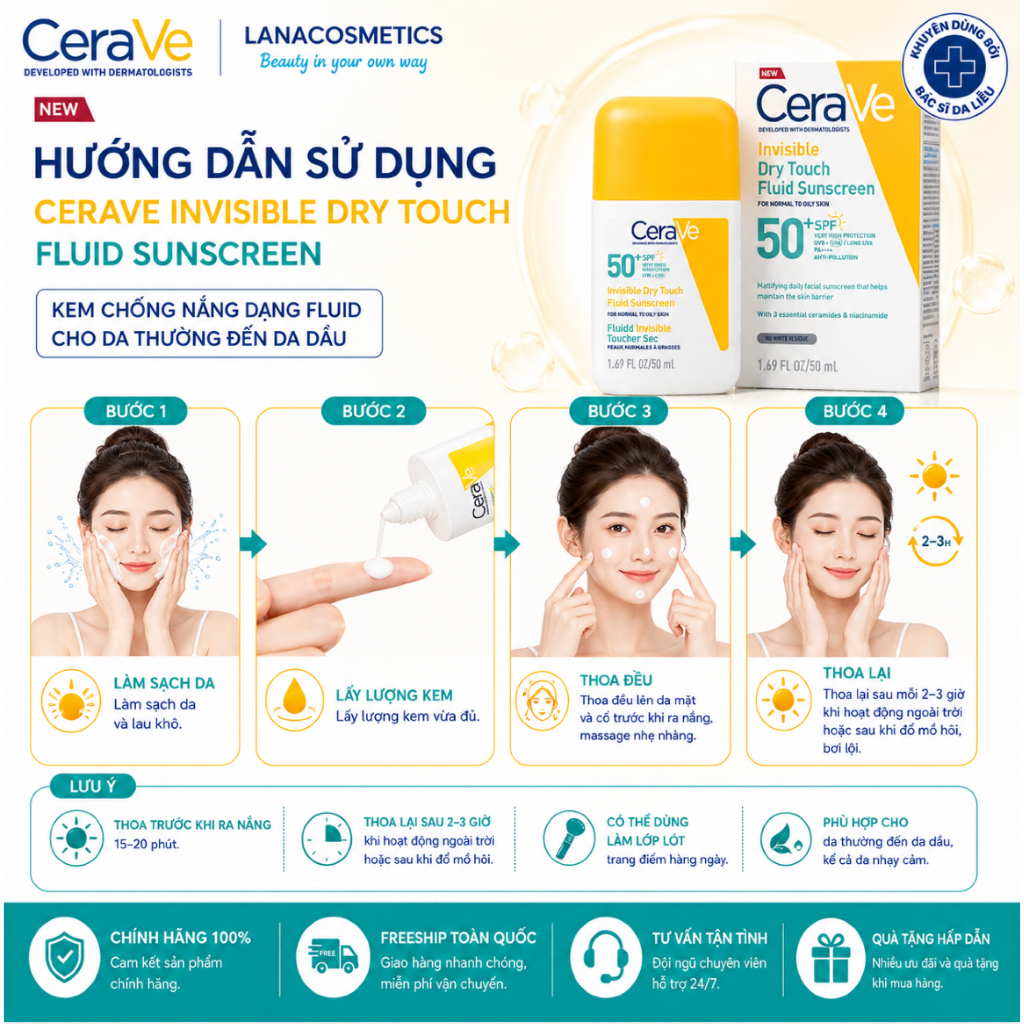 Sữa chống nắng Cerave Invisible Dry Touch Fluid Sunscreen - 50ml