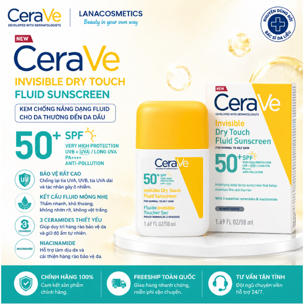 Sữa chống nắng Cerave Invisible Dry Touch Fluid Sunscreen - 50ml