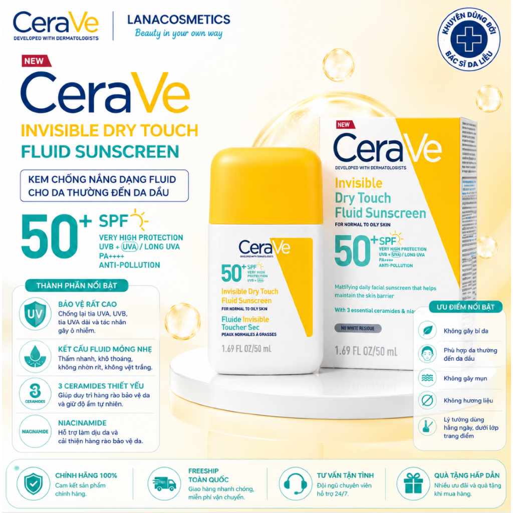 Sữa chống nắng Cerave Invisible Dry Touch Fluid Sunscreen - 50ml