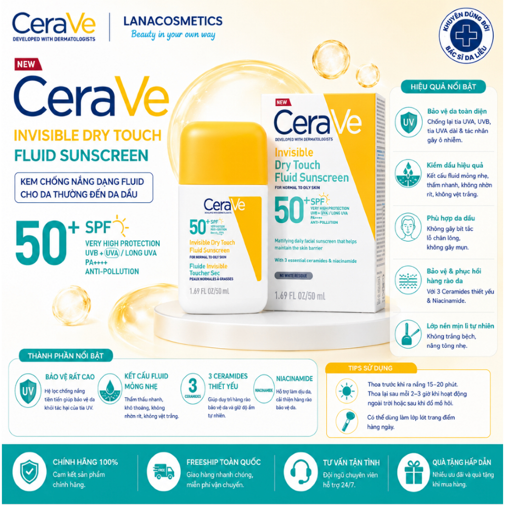 Sữa chống nắng Cerave Invisible Dry Touch Fluid Sunscreen - 50ml