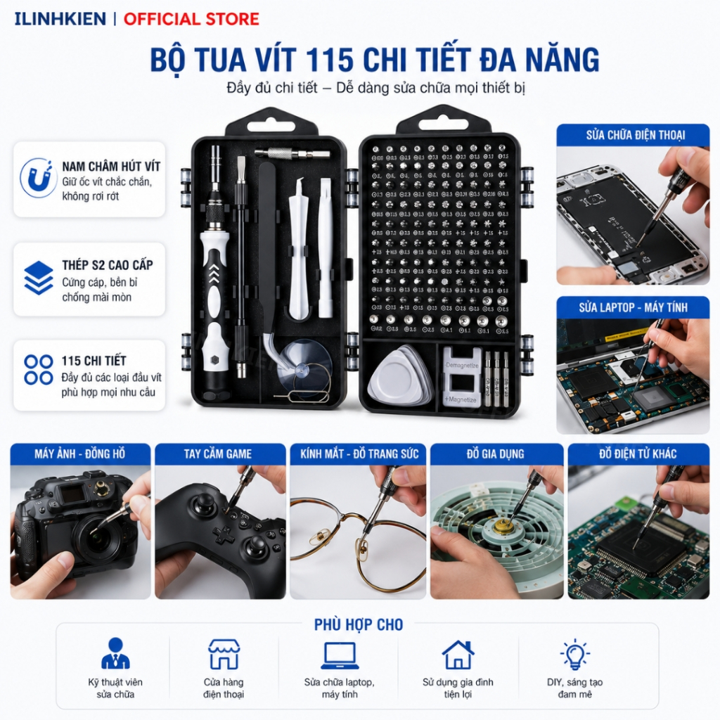 Bộ tua vít đa năng tô vít sửa điện thoại đa năng 115 chi tiết đầy đủ và tiện lợi chính hãng ilinhkien
