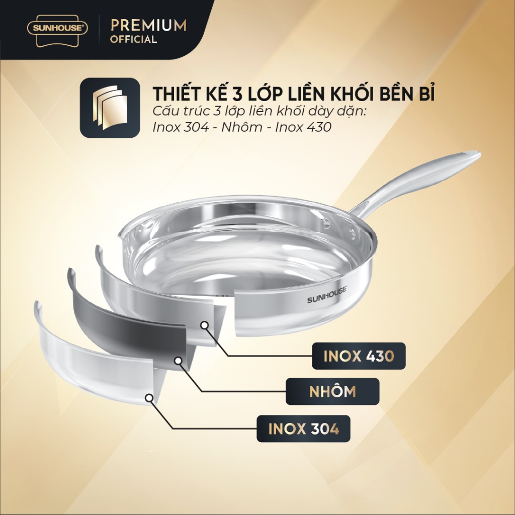 Chảo Inox đa lớp SUNHOUSE HEALTHY IN20-24-26-28M15 - Công nghệ Tri-ply truyền nhiệt nhanh -Cán rỗng hạn chế bỏng