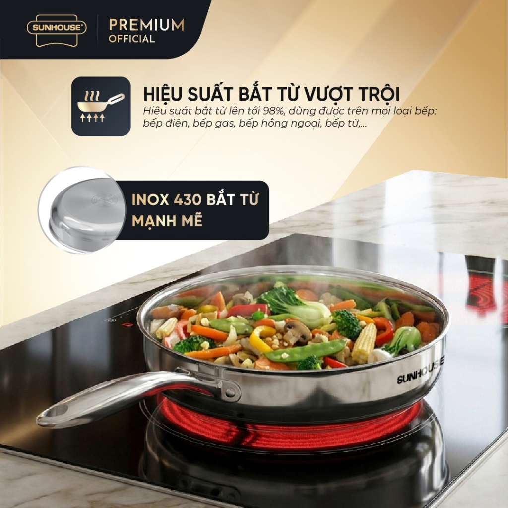 Chảo Inox đa lớp SUNHOUSE HEALTHY IN20-24-26-28M15 - Công nghệ Tri-ply truyền nhiệt nhanh -Cán rỗng hạn chế bỏng
