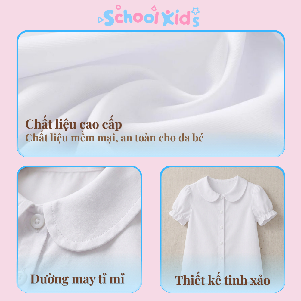 [SALE 25.6 GIẢM 30K] Áo Sơ Mi Học Sinh Viền Bèo Cổ Sen Cho Bé Gái SCHOOL KIDS Ngắn Tay, Dài Tay