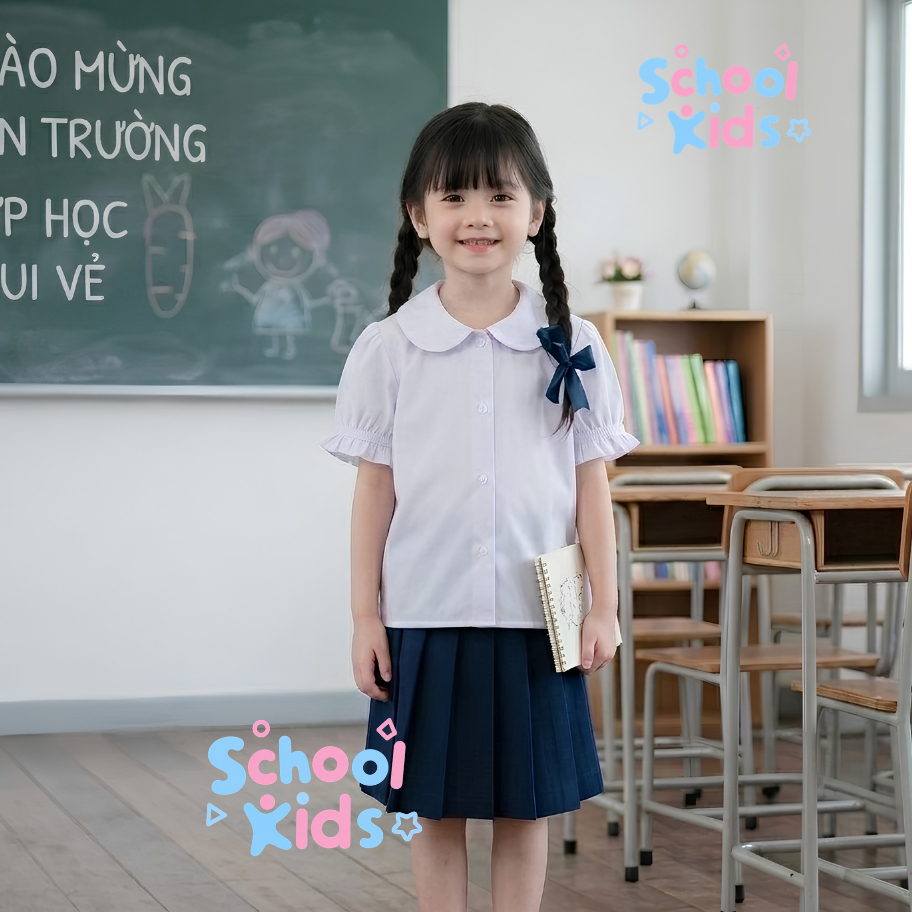 [SALE 25.6 GIẢM 30K] Áo Sơ Mi Học Sinh Viền Bèo Cổ Sen Cho Bé Gái SCHOOL KIDS Ngắn Tay, Dài Tay