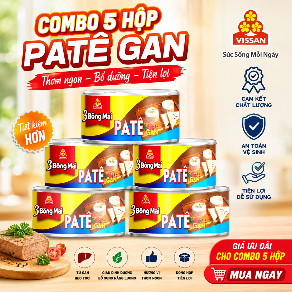 [Combo 5 Hộp] Patê Gan 3 Bông Mai Vissan – Date 2028, HSD 36 Tháng, Ăn Liền Tiện Lợi