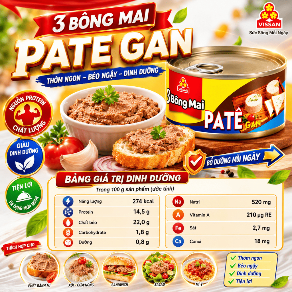 [Combo 5 Hộp] Patê Gan 3 Bông Mai Vissan – Date 2028, HSD 36 Tháng, Ăn Liền Tiện Lợi