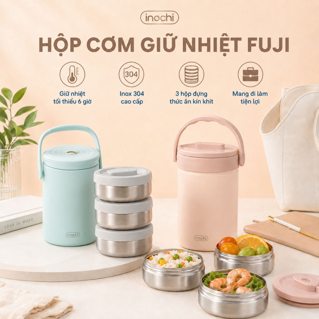 Hộp cơm giữ nhiệt Inochi Fuji – Dung tích lớn, tiện lợi mang theo, inox 304 cao cấp